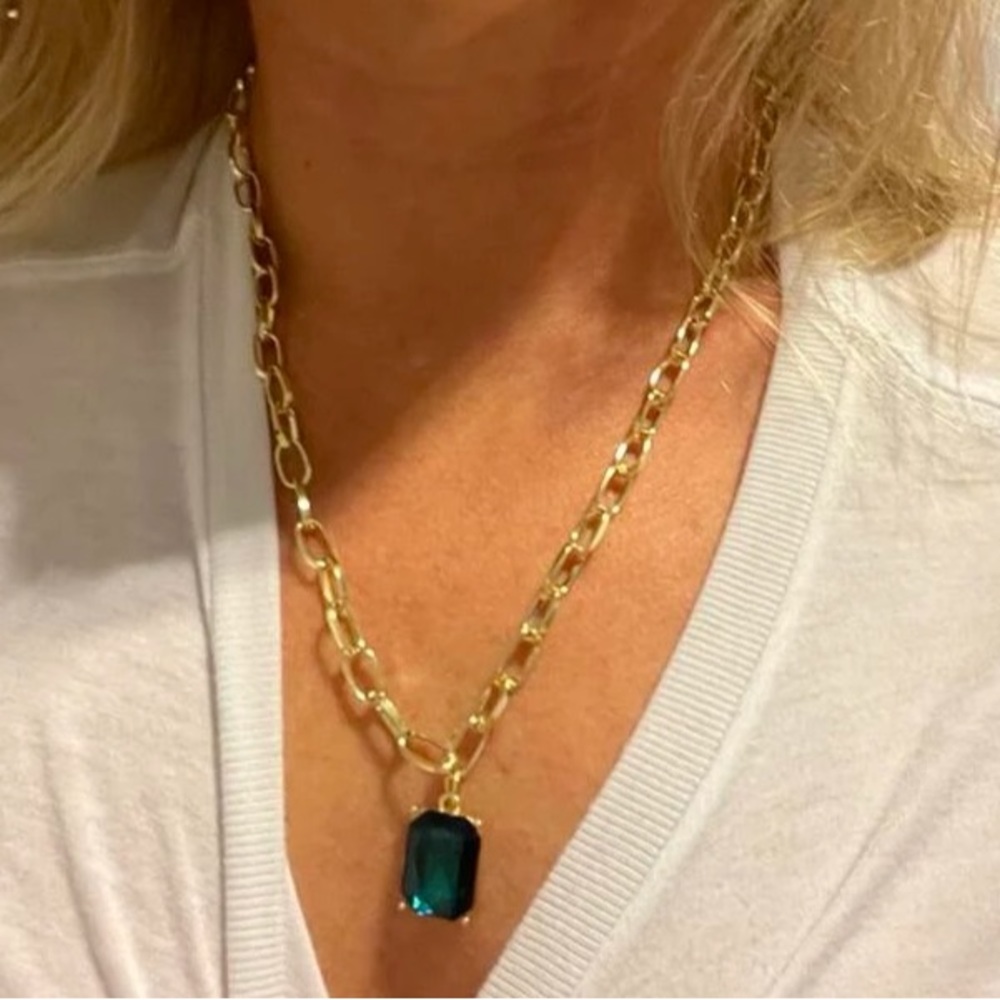 Stunning Geometric Emerald Green & Gold Chunky Bold Chain Necklace - Picture 9 of 10